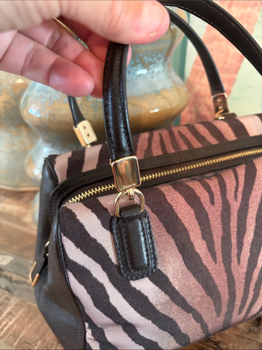Rare COACH Tan and Brown Zebra-Print Satchel with Leather Trim like new - Picture 3 of 12